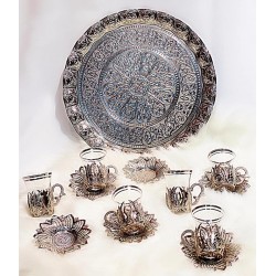 Tulip design tea set with tray Silver (Handmade)