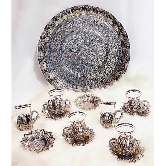Tulip design tea set with tray Silver (Handmade)